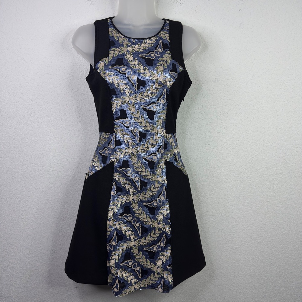 Hale Bob Dress Womens XS Black Blue Sequin Cocktail Formal Prom Dark Romantic